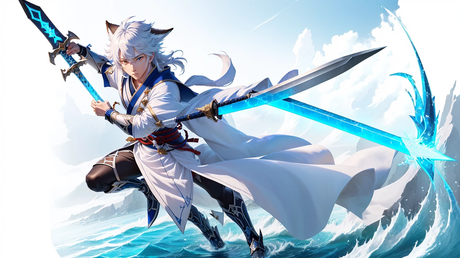 Holding a sword的动漫人物，blue eyes，Holding a sword,whole body， White fox, White Fox Animation, keqing from Genshin Impact impact, Genshin Impact impact character, Fox Nobuyuki holding a naginata, from Ark of Tomorrow, Key Anime Art, With a big sword, Sword and Wand - Water, Ark of Tomorrow, Detailed anime character art, Genshin Impact, From Brave II，background，Standing on the cold ice，