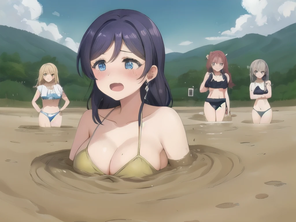 best quality, female, multiple girls, group tied up, group submerged, front view, muddy, cleavage, large breasts, wasteland, desert, best quality, sinking, quicksand, 6girls, crowded, close up, sand, slender, tears, blush, drowning, waist deep, 6 girls in quicksand, top, desertscape, 6girls together, scream, struggling, 6 girls drowning, 6 girls wrapped by quicksand, aichan, klaudia valentz, toujou nozomi