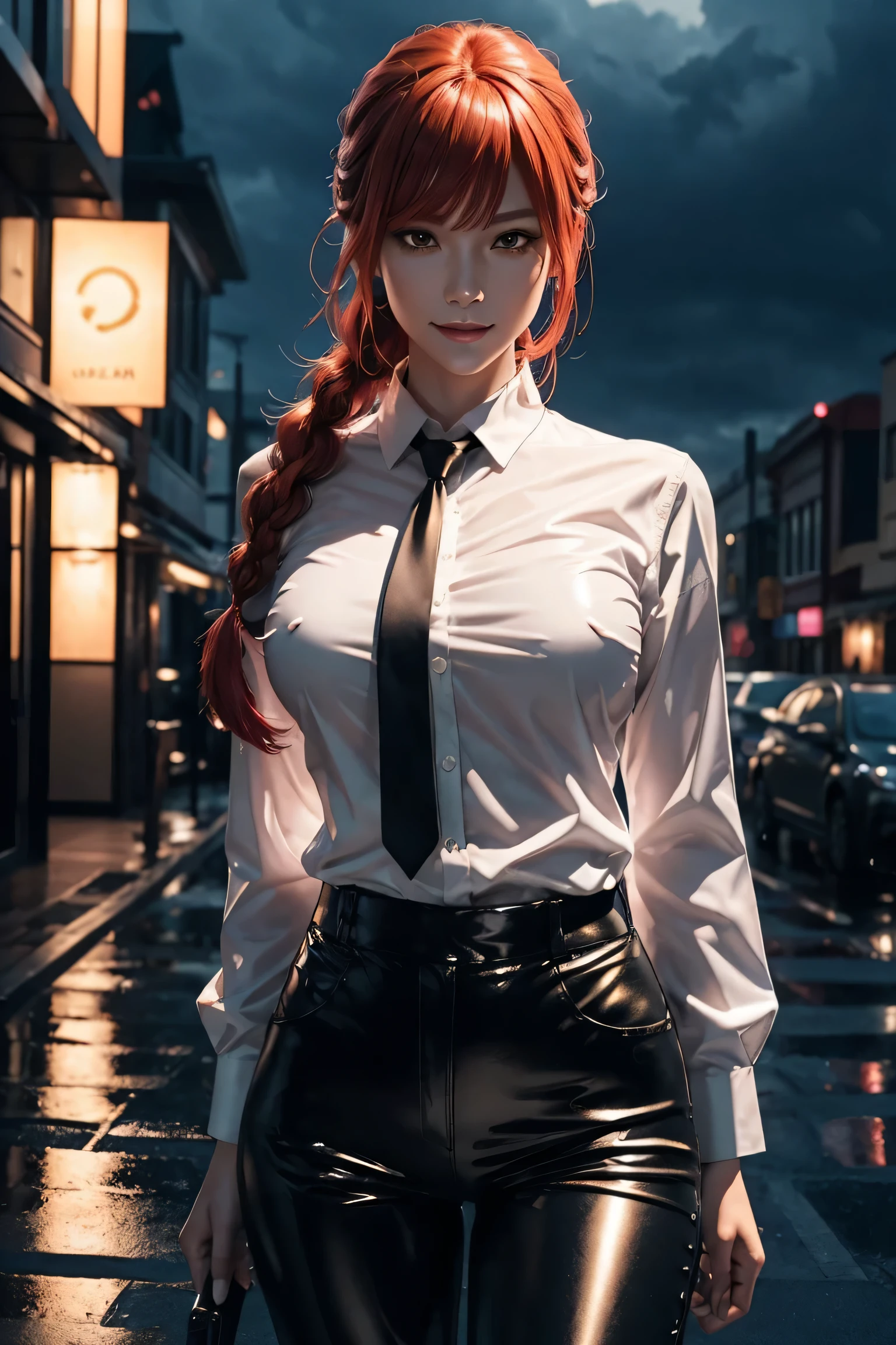 Chainsaw Man,Makima,With bangs,Red Hair,Braids at the back,Golden Eyes,White long sleeve shirt,Black tie,Black Leather Pants,Ultra HD,super high quality,masterpiece,Digital SLR,Photorealistic,Detailed details,Vivid details,Depicted in detail,A detailed face,Detailed details,Super Detail,Realistic skin texture,Anatomical basis,Perfect Anatomy,Anatomically correct hand,Anatomically correct fingers,Complex 3D rendering,Sexy pose,Rainy Sky,Beautiful scenery,Fantastic rainy sky,Picturesque,Pink Lips,smile,