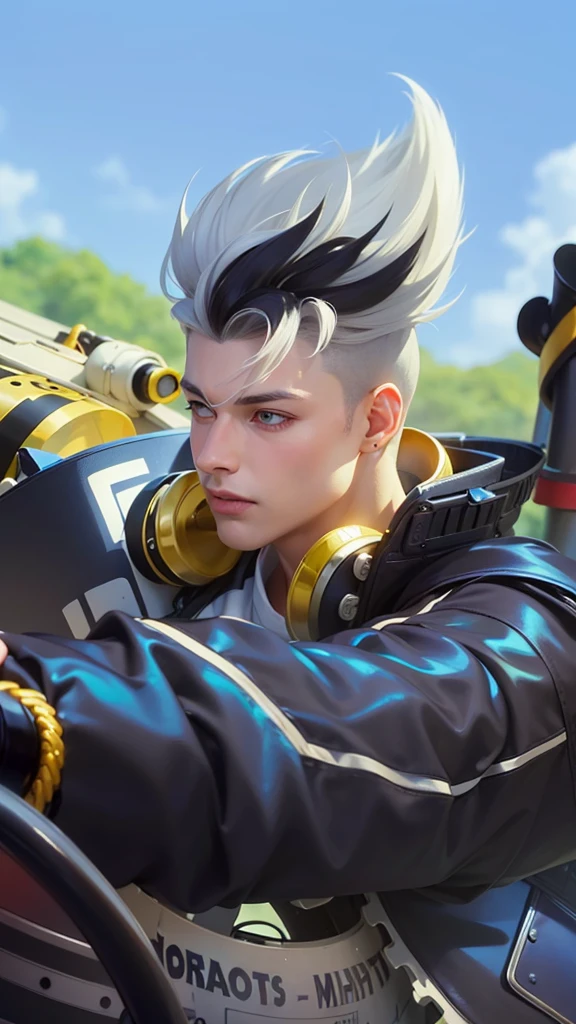 masculine male, masterpiece, ((perfect eyes)) best quality, (semirealism:1.9), beautiful lighting, (extremely detailed CG unity 4k fhd wallpaper), High Detail, Sharp focus, dramatic outdoors, 1 boy ,19 years old, white hair, light purpel eyes, smile.