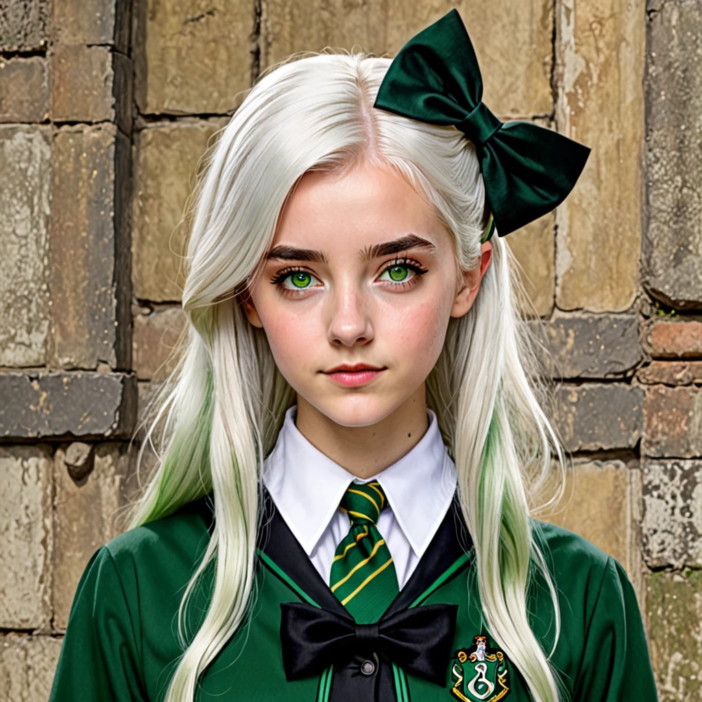 Make a digital realism drawing, about a white haired girl with green eyes and a hogwarts slytherin house uniform.
Her hair is short to her shoulders and she has a black bow in her hair.