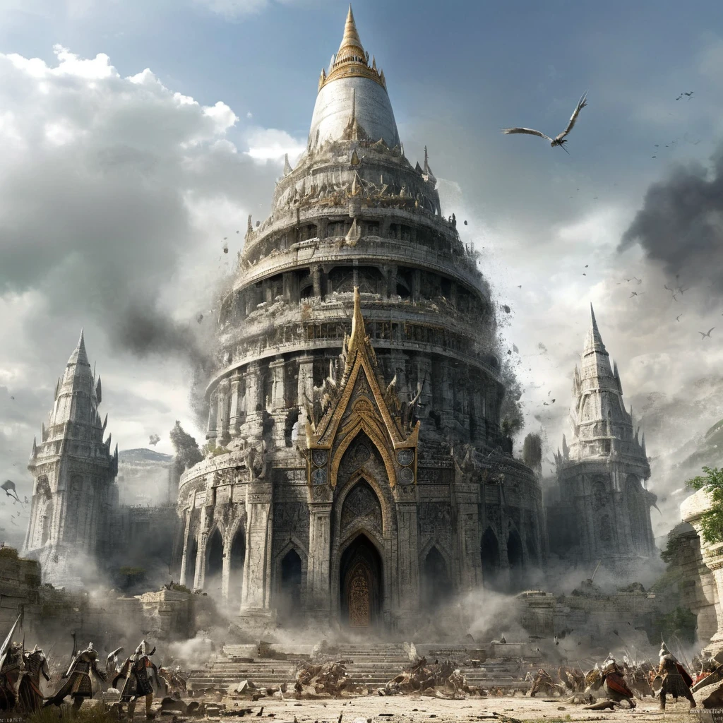 ((best quality)), ((masterpiece)), ((realistic,digital art)), (super detailed), (grand temple of war godess), view from the ground, (style medieval fantasy)