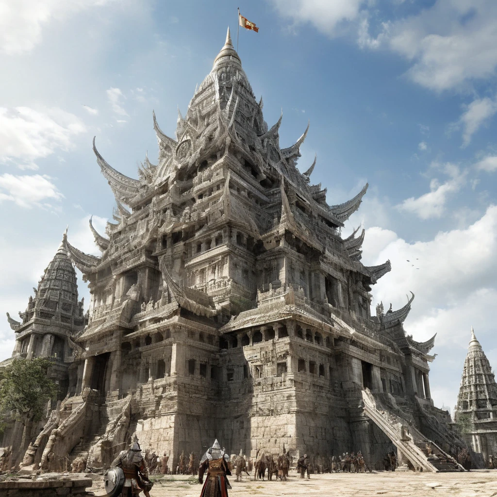 ((best quality)), ((masterpiece)), ((realistic,digital art)), (super detailed), (grand temple of war godess), view from the ground, (style medieval fantasy)