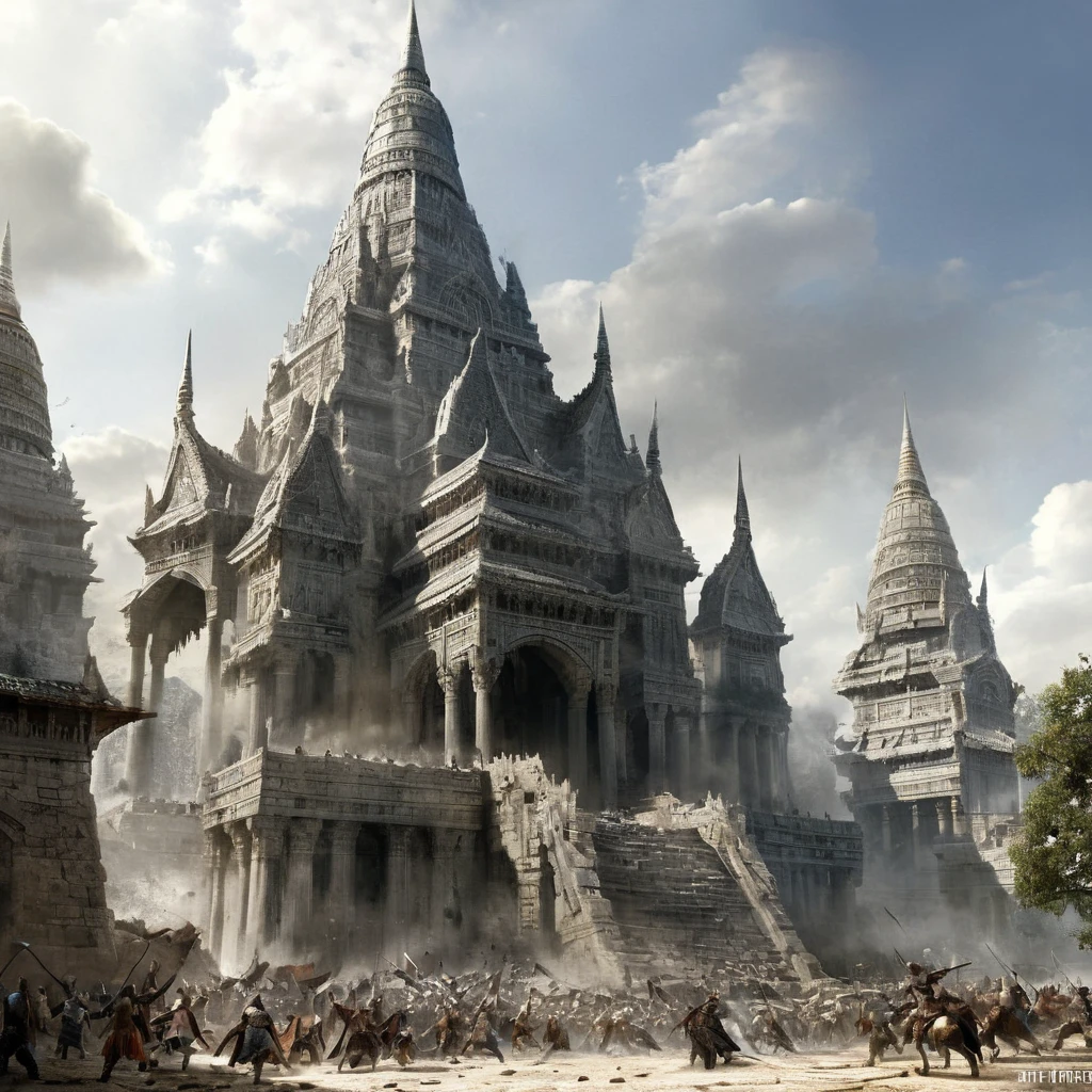 ((best quality)), ((masterpiece)), ((realistic,digital art)), (super detailed), (grand temple of war godess), view from the ground, (style medieval fantasy)
