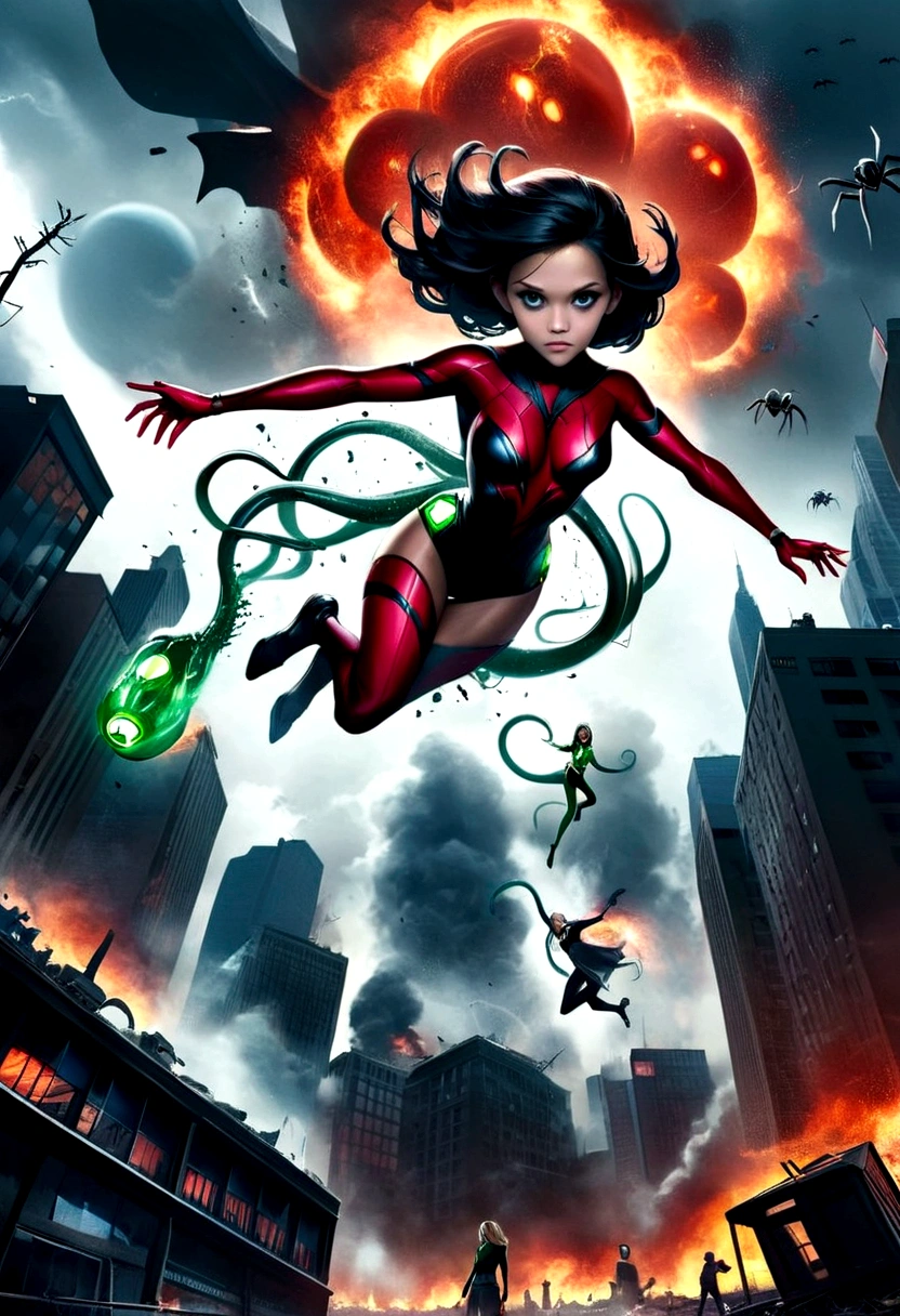 Reese_Witherspoon, Movie posters, posters ((text at the top that says "invasion",text at the bottom that says "Reese Witherspoon")) in bold red letters, trunk, spider woman clothes, Super heroi, at night, fullmoon, Bat Man, black Widow, green lantern, insanitya, random madness, aliens, invasion alienígena, flying brains with tentacles, Tornado, newyork,explosions, fire, atmospheric pollution, destroyed city, (giant alien mothership, caças espaciais aliens atacando a cidade)