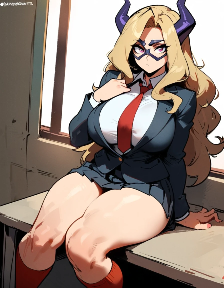 1girl, mount lady, boku no hero academia \\\\\ masterpiece, best quality, very aesthetic, absurdres, newest \\\\\\ sportive body, \\\\\\ by dodok, nyantcha, cutesexyrobutts, by khyle ///// blonde, purple eyes, (school uniform:1.2), skirt, , 24 years old, white background,tie,sit, big tits,