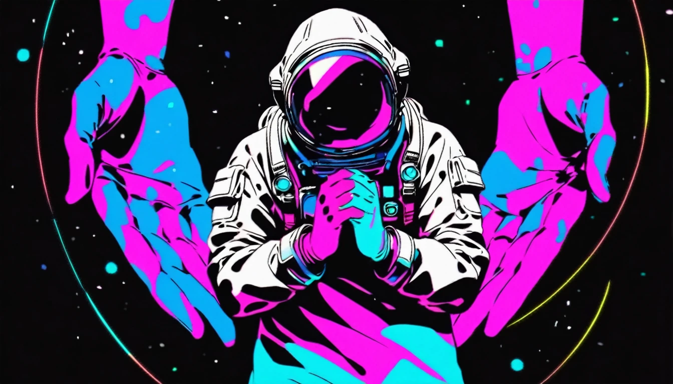 an astronaut, black background, front view, prayer with both hands, black and white image, neon color
