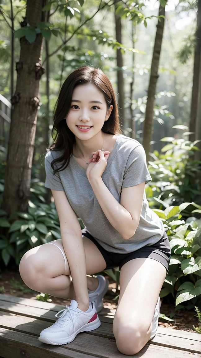 masterpiece, best quality, Surreal, Ultra Detailed, 8k resolution, RAW photos, Clear focus, (A girl in the forest), ((light gray shirt:1.1)), Short sleeve, sports Shorts,Full body posture, Solitary, Perfect body, Become a, 32 inches in the chest,(a charming smile:1), (sexy pose),26 years old, light,White shoes