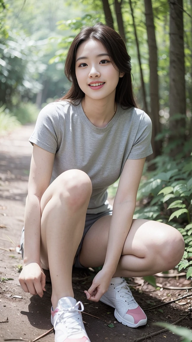 masterpiece, best quality, Surreal, Ultra Detailed, 8k resolution, RAW photos, Clear focus, (A girl in the forest), ((light gray shirt:1.1)),  Short sleeve, sports Shorts,Full body posture, Solitary, Perfect body, Become a, 32 inches in the chest,(a charming smile:1), (sexy pose)，26 years old, light,White shoes