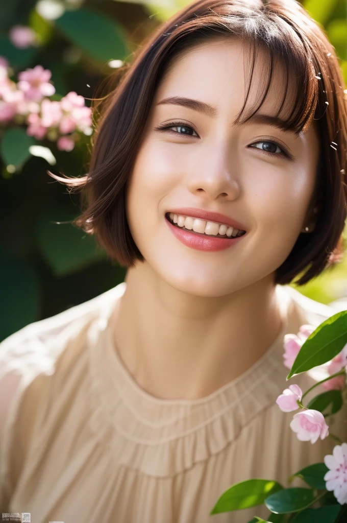 One girl,(RAW Photos, Highest quality), (Realistic, photo-Realistic:1.4), masterpiece, Very delicate and beautiful, Very detailed, 2k wallpaper, wonderful, In detail, Very detailed CG unity 8k wallpaper, Super detailed, High resolution, Soft Light, Beautiful detailed girl, Very detailed eyes and face, Beautifully detailed nose, Beautiful attention to detail,Cinema Lighting,Perfect Anatomy,Horny slim body,Completely naked,(Bokeh:1.2) Flowers in the park,Cherry Blossom,garden,Smiling and spreading her legs,(Very short hair,Pixie Cut:1.3)、Open genitals with hands、Wet genitals