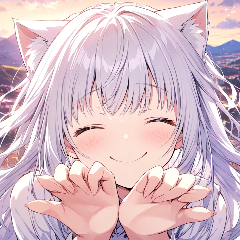 face close-up,cat pose,(((perfect hand))),(Smiling with eyes closed),Spectacular Background,mishiro