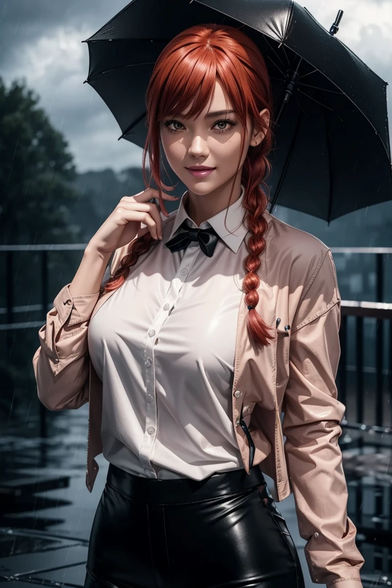 Chainsaw Man,Makima,With bangs,Red Hair,Braids at the back,Golden Eyes,White long sleeve shirt,Black tie,Black Leather Pants,Ultra HD,super high quality,masterpiece,Digital SLR,Photorealistic,Detailed details,Vivid details,Depicted in detail,A detailed face,Detailed details,Super Detail,Realistic skin texture,Anatomical basis,Perfect Anatomy,Anatomically correct hand,Anatomically correct fingers,Complex 3D rendering,Sexy pose,Rainy Sky,Beautiful scenery,Fantastic rainy sky,Picturesque,Pink Lips,smile,