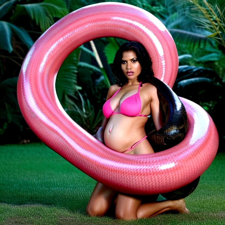 Pink bikini Pregnant Happy Horny, aroused 1girl), beautiful kneeling Indian young teen girl  with  giant colossal black titanboa monster  squeezing her hard, wrapped in thick spiraling coils, constricted, struggle, gasping for air, snake attack, snake peril, moonless night, dim light