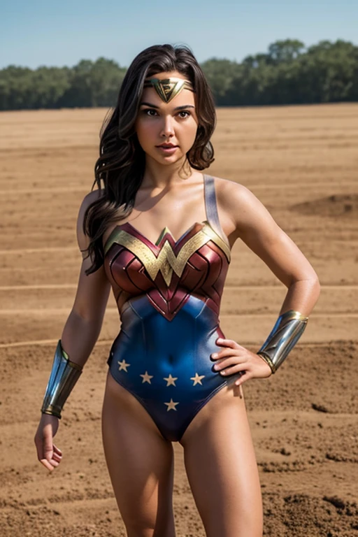 a close up of a young girl in a costume standing on a dirt field, wonder woman, gal gadot, young swimsuit model, super-hero girl, is wearing a swimsuit, monokini, wonder, swimsuit model, dressed as wonder woman, dwayne johnson as wonder woman, one piece, isabela moner, superhero body, gal gadot as wonder woman