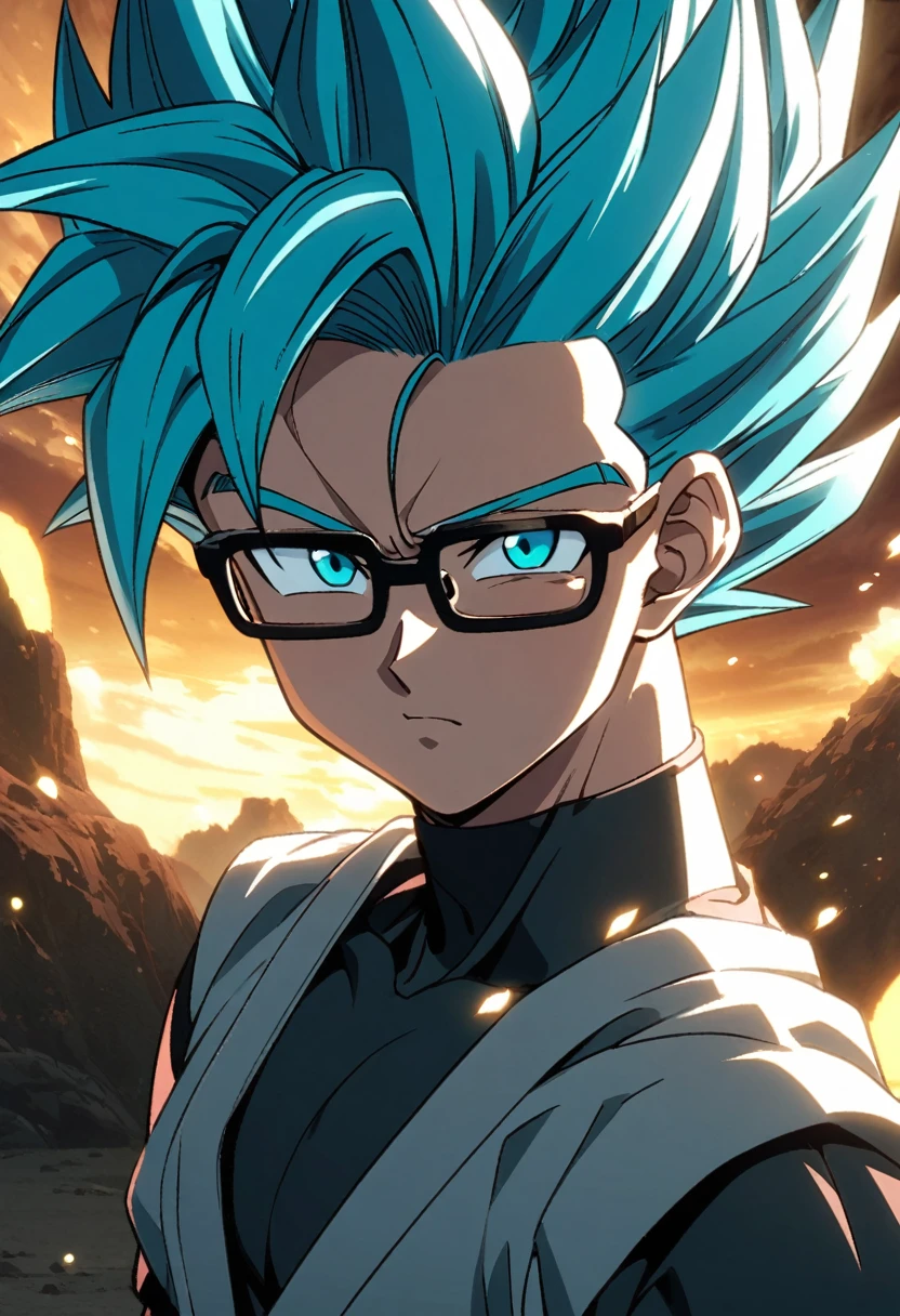 Anime, 19 year old, male, black rimmed glasses, Super Saiyan blue hair,Dragonball super