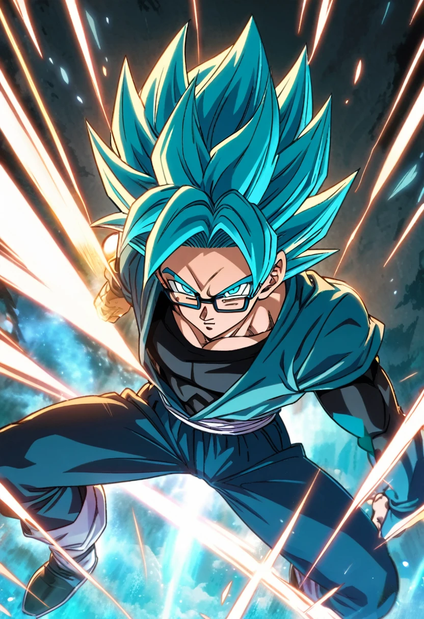 Anime, 19 year old, male, black rimmed glasses, Super Saiyan blue hair,Dragonball super