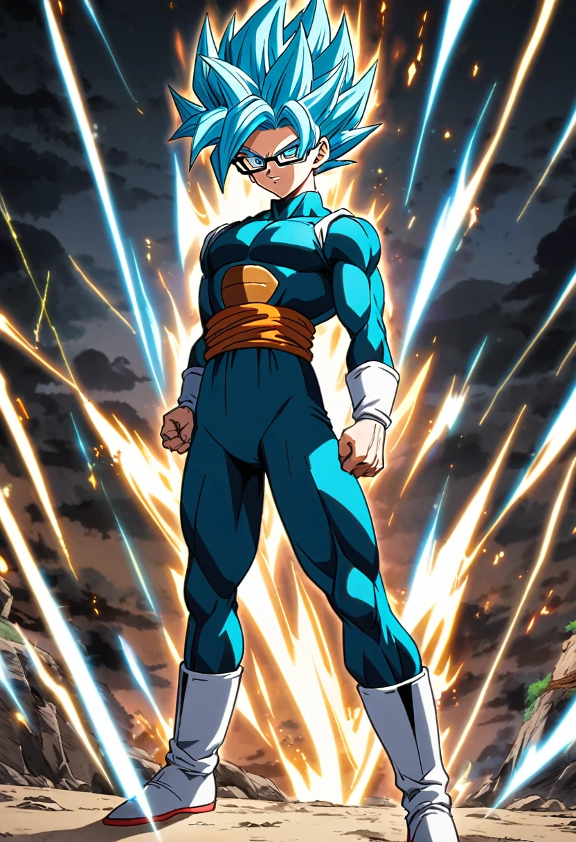 Anime, 19 year old, male, black rimmed glasses, Super Saiyan blue hair,Dragonball super