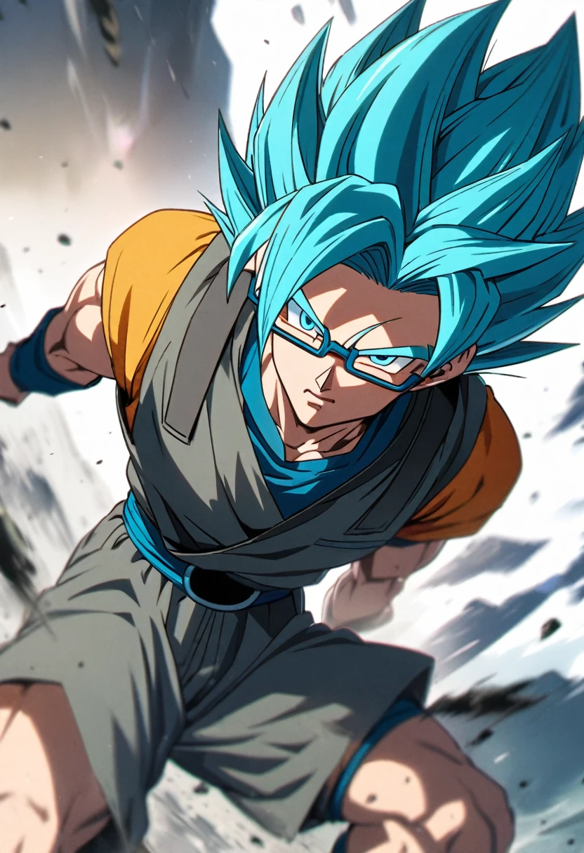 Anime, 19 year old, male, black rimmed glasses, Super Saiyan blue hair,Dragonball super