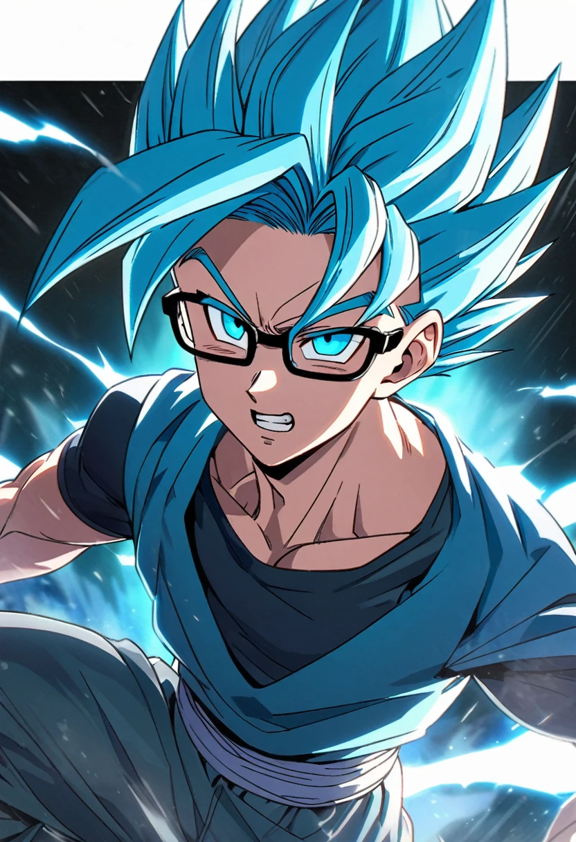 Anime, 19 year old, male, black rimmed glasses, Super Saiyan blue hair,Dragonball super