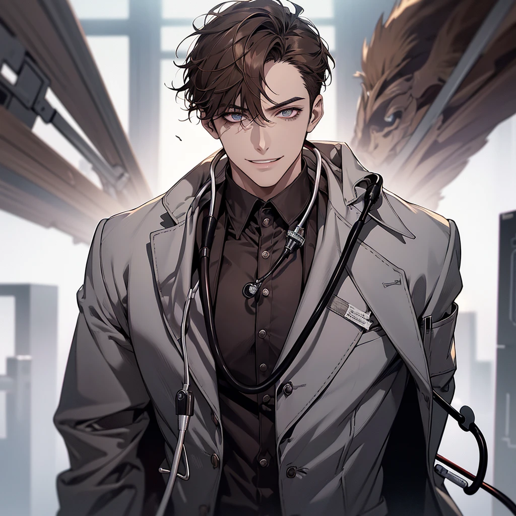 1 boy,Handsome face, Perfect Male Body,Looking at the camera, Psychiatric doctor with blood on his face, (Wicked Smile,doctor, gray coat, notebook in hand,Stethoscope)ward,Dim Light,Dark Room,masterpiece,Half Body, Portraiture,Ray Tracing, Look at the details, Fine grain, The eyes are detailed,Brown Hair,Wolf Cut