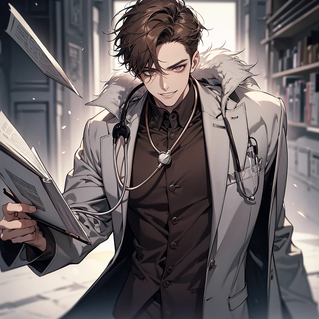 1 boy,Handsome face, Perfect Male Body,Looking at the camera, Psychiatric doctor with blood on his face, (Wicked Smile,doctor, gray coat, notebook in hand,Stethoscope)ward,Dim Light,Dark Room,masterpiece,Half Body, Portraiture,Ray Tracing, Look at the details, Fine grain, The eyes are detailed,Brown Hair,Wolf Cut