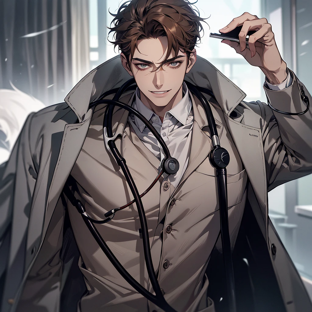 1 boy,Handsome face, Perfect Male Body,Looking at the camera, Psychiatric doctor with blood on his face, (Wicked Smile,doctor, gray coat, notebook in hand,Stethoscope)ward,Dim Light,Dark Room,masterpiece,Half Body, Portraiture,Ray Tracing, Look at the details, Fine grain, The eyes are detailed,Brown Hair,Wolf Cut