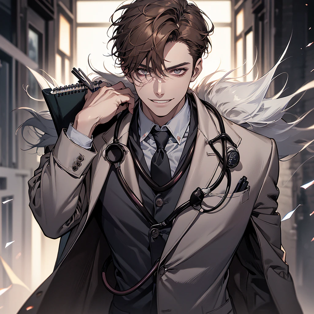 1 boy,Handsome face, Perfect Male Body,Looking at the camera, Psychiatric doctor with blood on his face, (Wicked Smile,doctor, gray coat, notebook in hand,Stethoscope)ward,Dim Light,Dark Room,masterpiece,Half Body, Portraiture,Ray Tracing, Look at the details, Fine grain, The eyes are detailed,Brown Hair,Wolf Cut