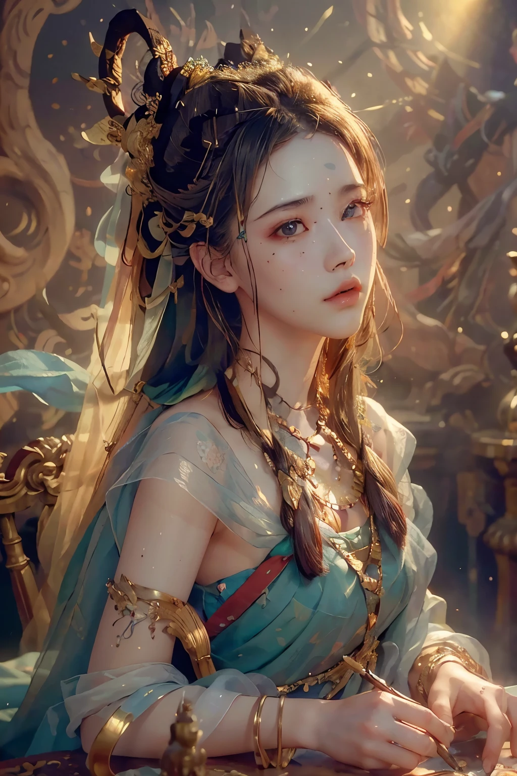 (RAW photo, best quality), (realistic, photo-realistic:1.3),best quality,highly detailed,masterpiece,ultra-detailed,illustration,1girl,upper_body,dynamic angle,world masterpiece theater,messy_long_hair,best quality,extremely detailed CG unity 8k wallpaper,ink,Amazing,cinematic lighting,lens_flare,,dunhuang_style