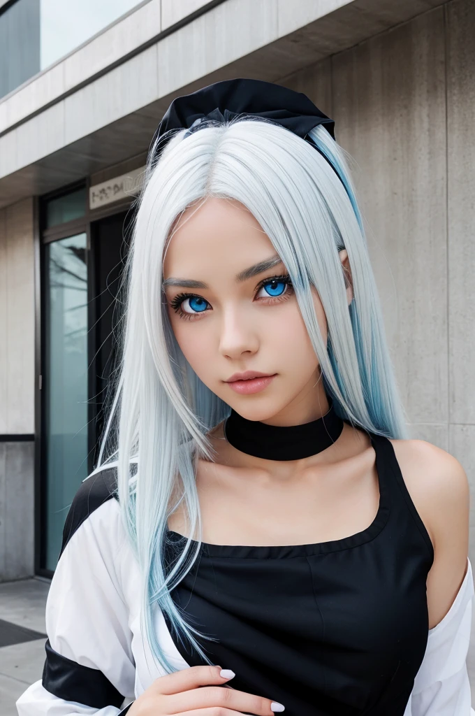 solo, (((masterpiece, best quality))) ,  (from side:0.95), shadow_lee, Li Dousha, panda_ears, bangs, bare_shoulders, blue_eyes, eyewear_on_head, hair_between_eyes, long_hair,  sunglasses, very_long_hair, 1girl, [white hair, streaked hair, blue hair],