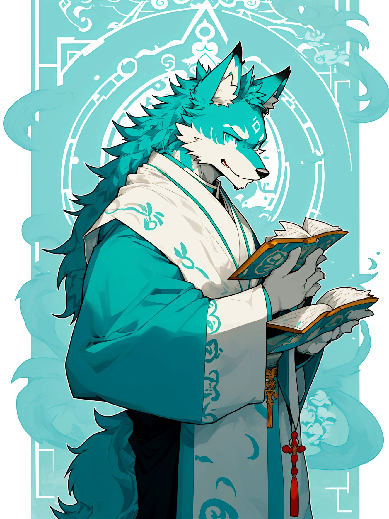 turquoise fur,turquoise eyes，Priest，Fr.，Chinese style，A cartoon image of an anthropomorphic wolf, furry,anthro wolf,priest,monk,magic