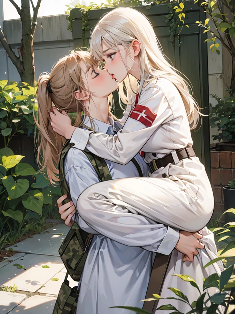 White nurses, camouflage soldiers, kisses, hugs.