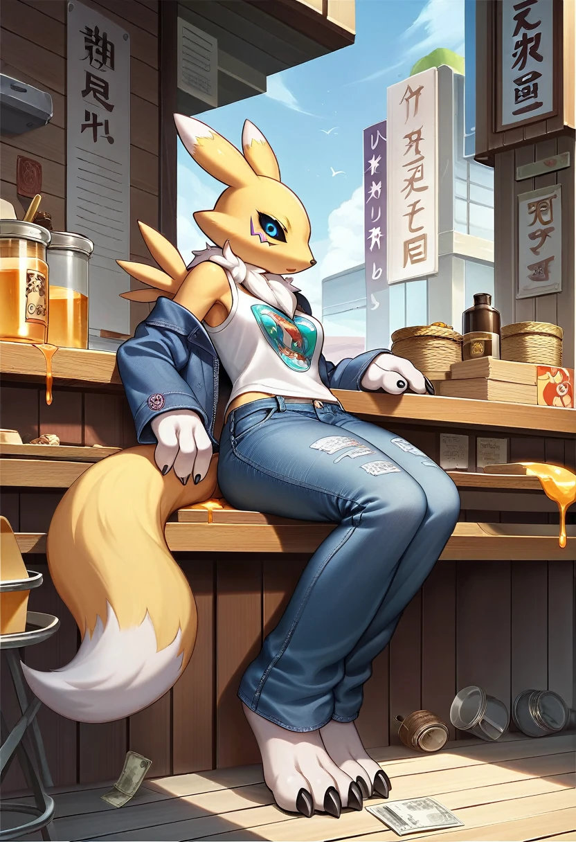 Fraction_9, Fraction_8_up, Fraction_7_up, Fraction_6_up, Fraction_5_Direction_4_up, rest, src_Japanese cartoons, Endless, Official Art, masterpiece, 1 Girl, renamon (Digimon), anthropology, Lovely, , very younger, young, , Uncensored, Oversized T-shirt,denim jacket, big jeans, Sexy, Honey, prostitute, Dagasi, Blink
