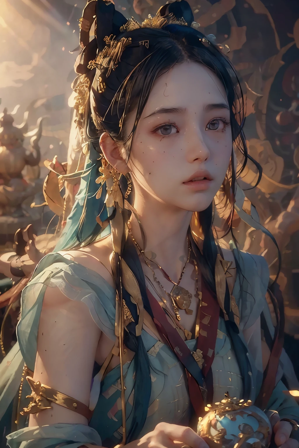 (RAW photo, best quality), (realistic, photo-realistic:1.3),best quality,highly detailed,masterpiece,ultra-detailed,illustration,1girl,upper_body,dynamic angle,world masterpiece theater,messy_long_hair,best quality,extremely detailed CG unity 8k wallpaper,ink,Amazing,cinematic lighting,lens_flare,,dunhuang_style