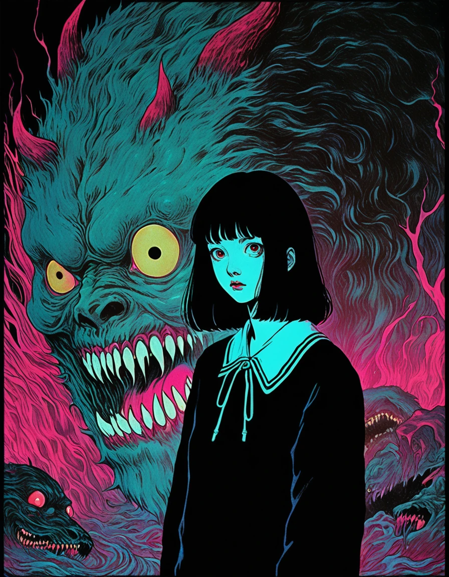 An illustration、art、70s horror movie posters, Inuki Kanako、Attention to detail, Analog Style, chromatic aberration, Surrealism、Complementary Gradient、Face distorted in fear、Large pupils、Dam at night(background)