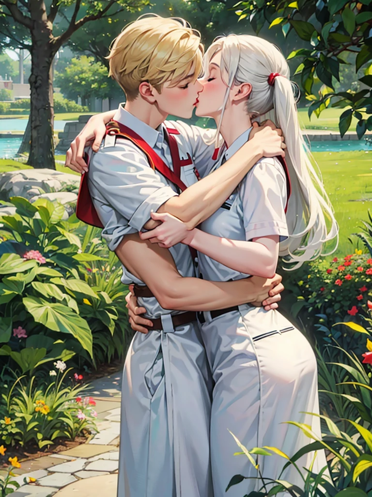 White nurses, camouflage soldiers, kisses, hugs.