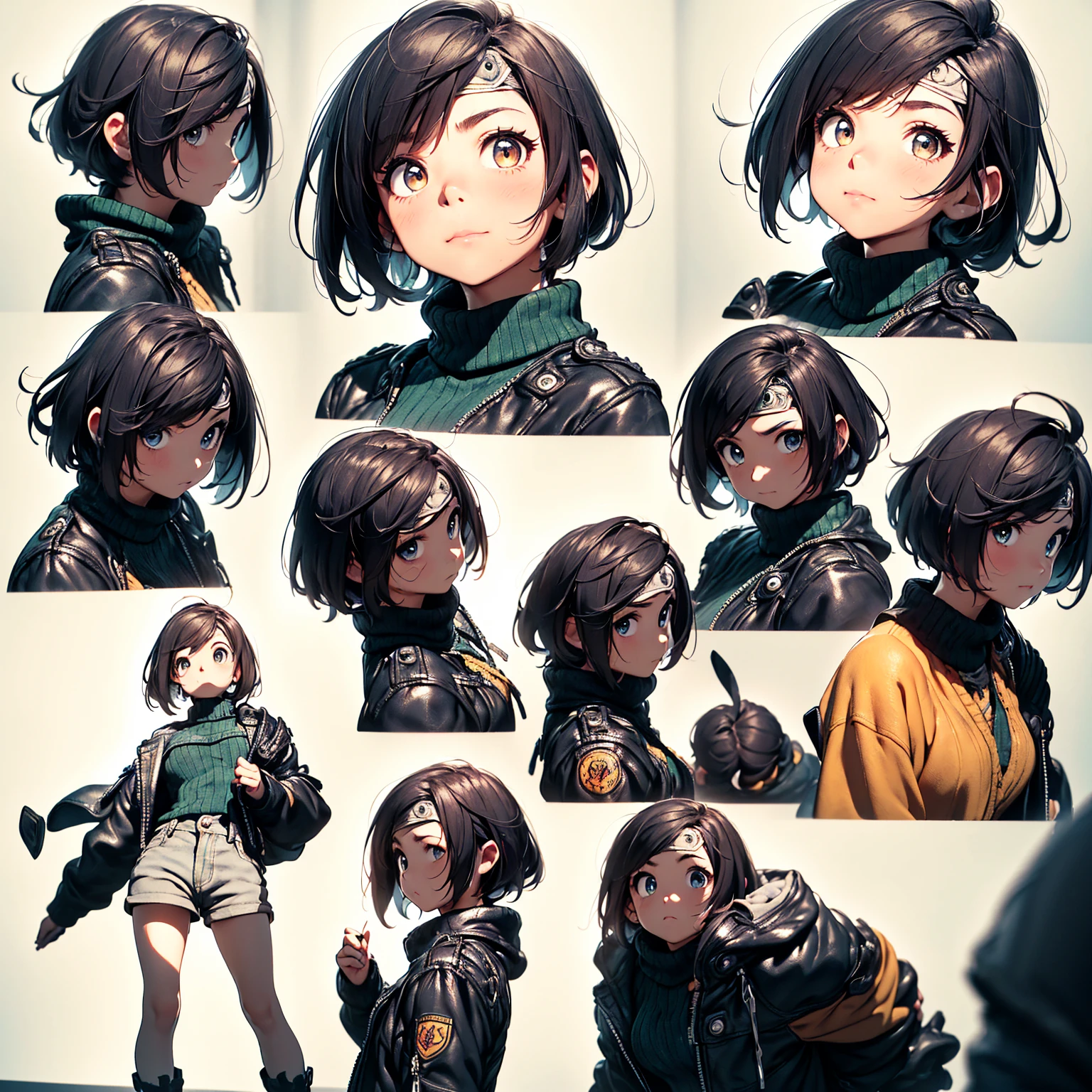 8K quality,(super masterpiece:1.3),Highest quality,Detailed Images,The real picture,Natural lighting,symmetrical beauty,1 female,9 expressions,Nine portraits,lots of sketches,Yuffie Kisaragi,Hairstyle(short hair),clothing(head band,turtleneck,No sleeve,Shorts),(very cute:1.3),(Face directly towards the camera,Looking directly at the viewer,looking at the camera,The body faces the viewer,The body is facing the direction of the camera,Face looking straight into the camera).