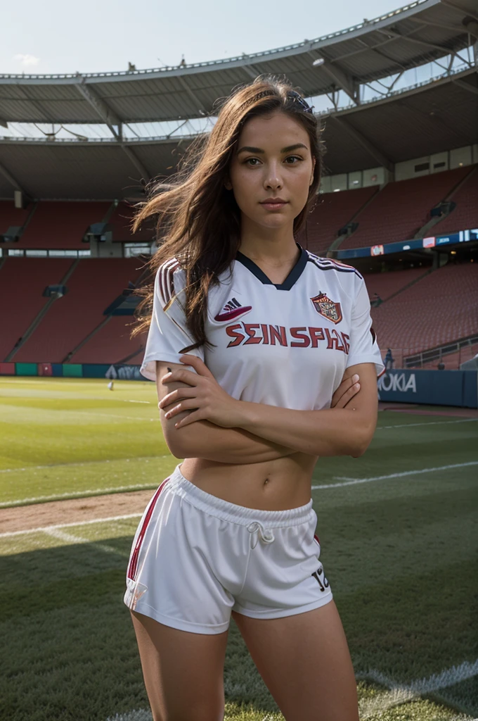 1girl in, 30 years old, Square face, Long hair, Looking at the viewer, jewelry, Realistic, Sexy, soccer team outfit, field background - stadium - stands, freestyle pose