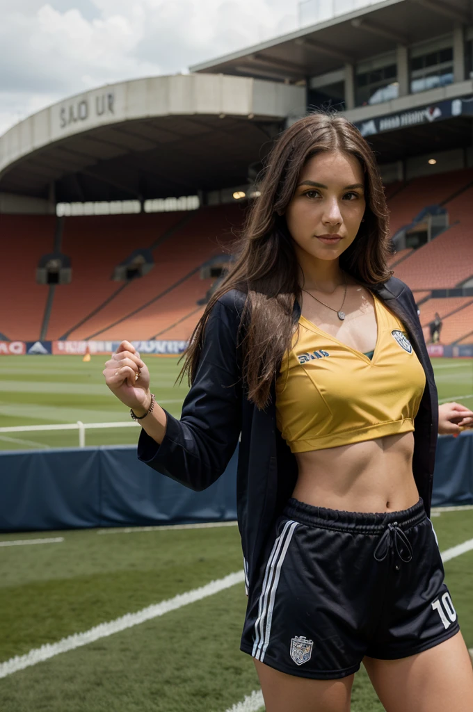 1girl in, 30 years old, Square face, Long hair, Looking at the viewer, jewelry, Realistic, Sexy, soccer team outfit, field background - stadium - stands, freestyle pose