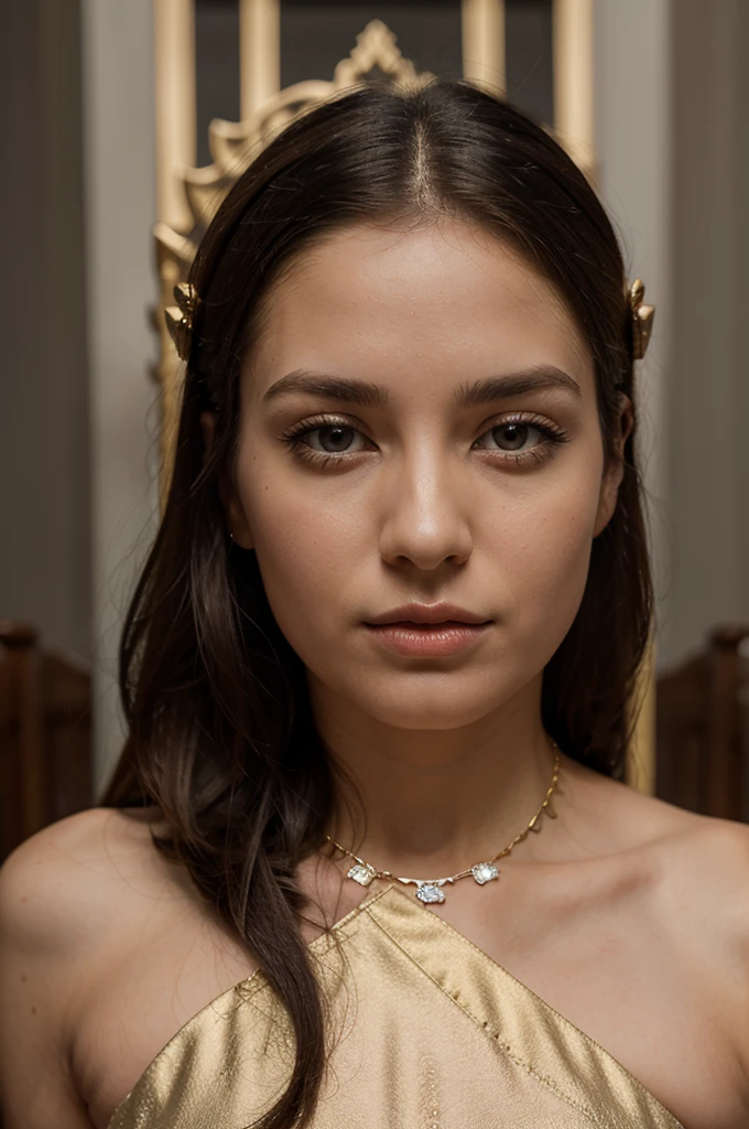 1girl in, 30 years old, Square face, Long hair, Looking at viewer, jewelry, Realistic, Sexy, Greek gods costume, temple - throne-sky-cloud , free pose.