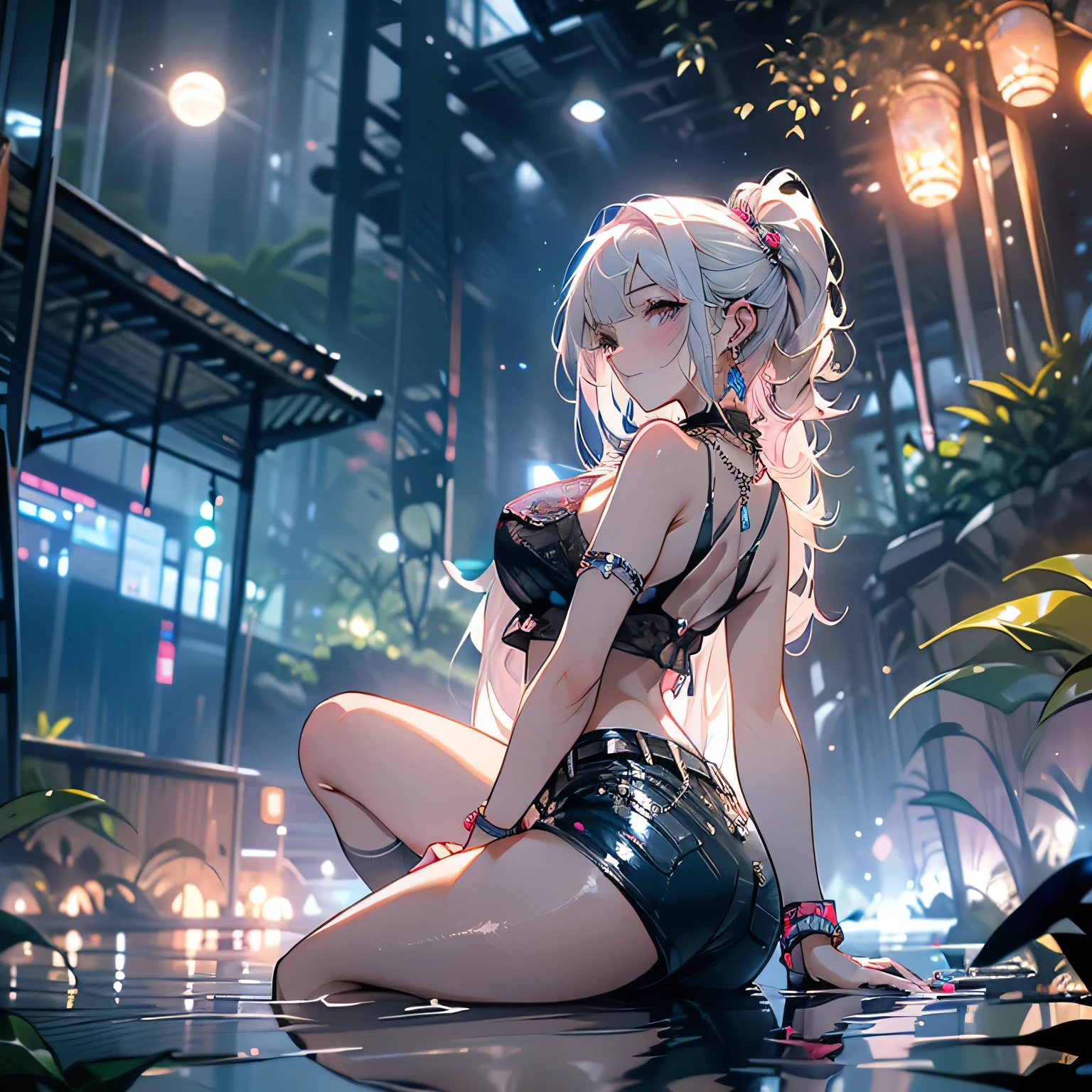 Anime girl sitting on the ground in a wet area - SeaArt AI