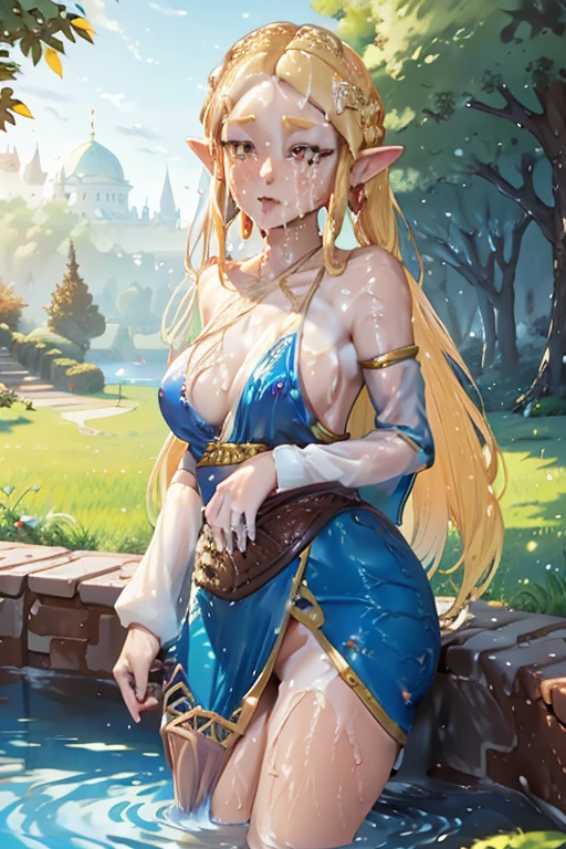 princess zelda, blonde very long hair, red eyes, wearing a sexy blue dress, side slit, ultrasharp, looking at the viewer, ((best quality)), ((masterpiece)), (detailed), perfect face, big breast, sexy body, sexy woman besides her, hugged, An anime scene of two girls hugging and kissing intensely, with hearts and sparkles floating around them as they stand in pool of water