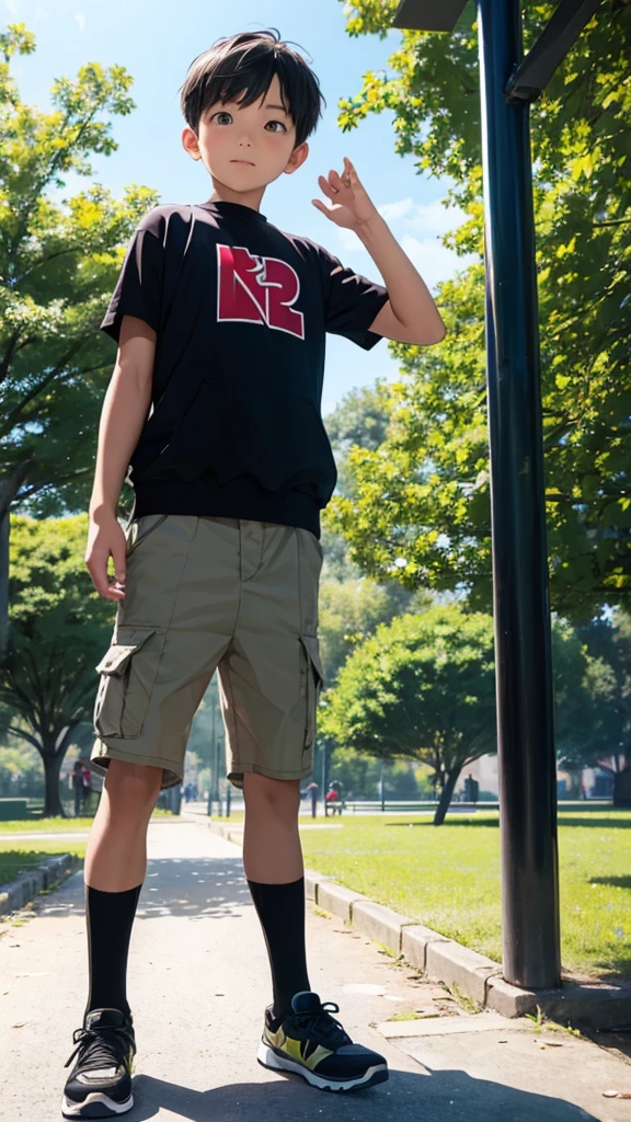 Boy,posing like hero, around 3 years, in park, 