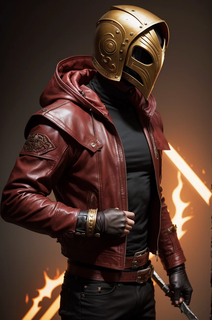 A warrior wearing a crimson military leather jacket with a hood, an ornate golden mask and wields two rusty daggers
