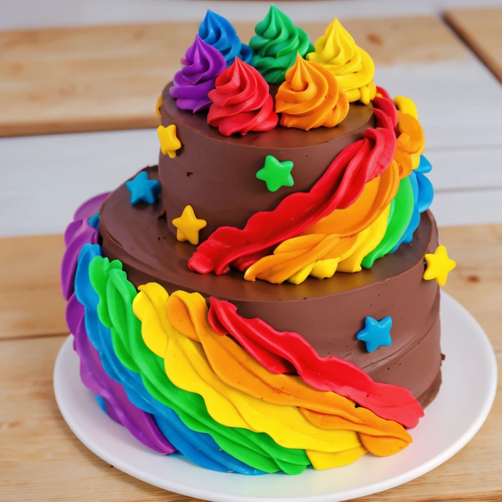 on a wooden table. there is a white plate. double tier chocolate cake ((chocolate cream texture, strokes of a pastry spatula)), rainbow cream in stitches, decorated with rainbow stars made of polymer clay, multi-colored cream on top ((cream highlights)), against the background of the kitchen, Beautiful light from the window, contour light, Multiple light sources, beautiful lighting, Bright light source, bright lighting, beautiful light sources, Multiple light sources, Realistic style , realistic texture, detailed texture, A high resolution, high quality, macro photography 