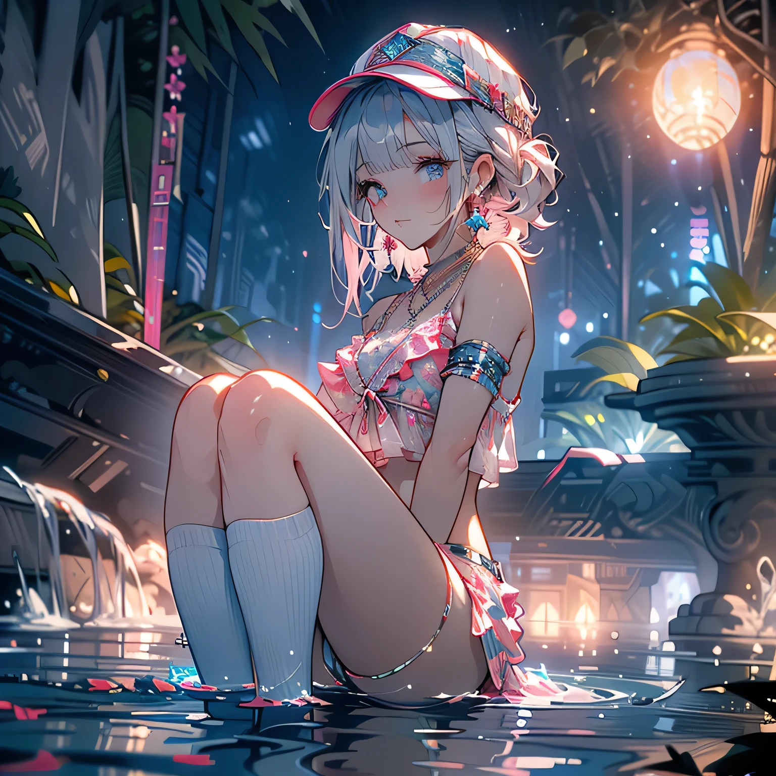 looking back,low angle,from below,
((masterpiece:1.4, best quality)), ((masterpiece, best quality)),low angle,beautiful pony tail silver pink hair,beautiful  pink eyes,little cute   girl,full body, sitting in the water falls,lovely laugh,denim baseball cap, ((elegant summer bikini)), (white over-kneehighs,Lace chalker, wristband, diamond necklace,earrings),cinematic lighting and pause,beautiful natural mysterious park,night sky,full moon,