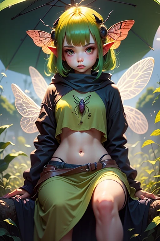 Faery with ((Insect wings)) that looks Verry Cute, sitting on Mushroom ,green under clothes, bare midriff, Holding A Big Leave as Umbrella