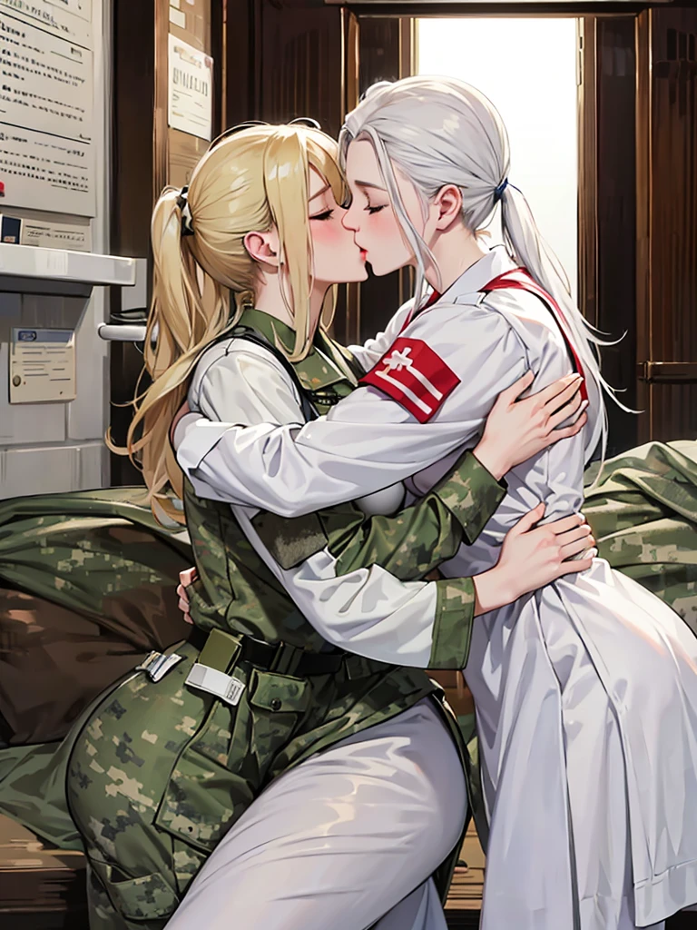 White nurses, camouflage soldiers, kisses, hugs.