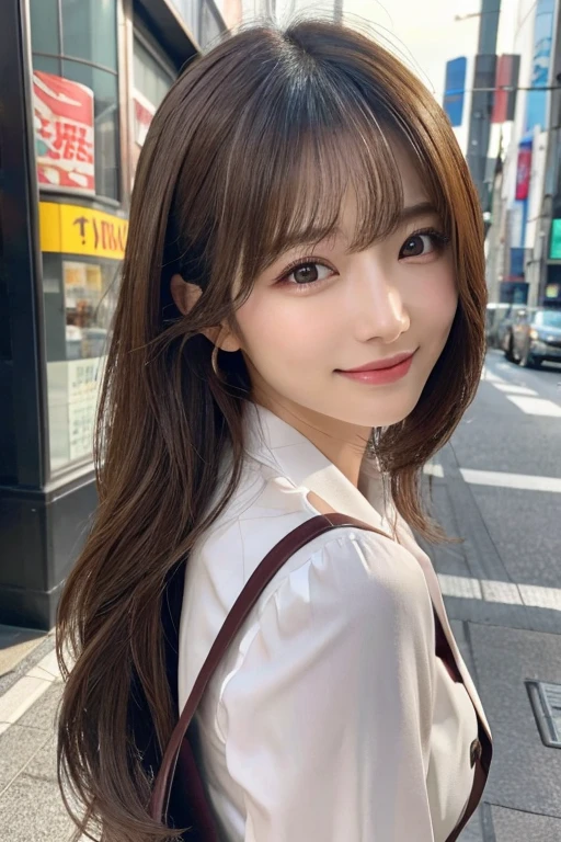 table top、highest quality、genuine、Super detailed、finely、catchlight,High resolution、8k wallpaper、one beautiful woman、、、light brown disheveled hair、wearing a business suit、sharp focus、perfect dynamic composition、beautiful and detailed eyes、thin hair、Detailed genuine skin texture、smile、model body shape、In Tokyo at morning、