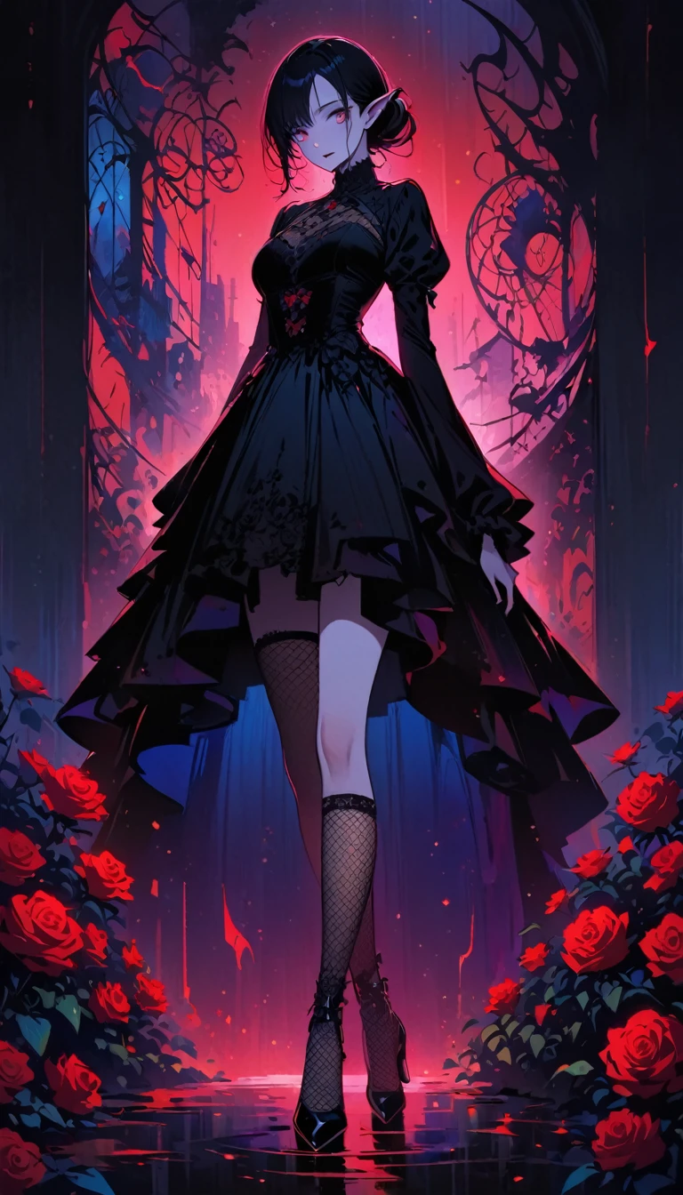 horror thriller movie poster, masterpiece, best quality, A female elf in a Gothic ball gown,lace, embroidery , Pale skin, fishnet stockings, (Bauhaus, shape, Wire, Abstract:1.1) Gothic, Vintage horror, movie poster, 1940s, (masterpiece, best quality) 8k wallpaper, Very detailed,