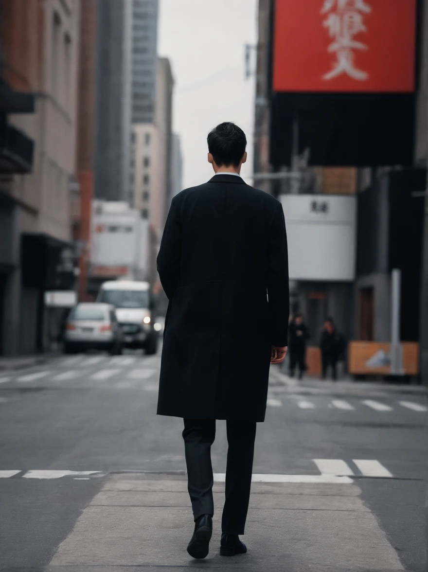 best quality,masterpiece,ultra high resolution,(actual:1.4),original photo,ultra high definition，lifelike，Surrealist 8K，1 girl，tall，long legs，Exquisite makeup，red lip big wave，Royal Sister Fan，tight bottoming skirt，Wearing a long black coat，Black pantyhose，High heel，Outdoors during the day，walking street，street photography，Super cool,There was a man walking in front of him, his back turned to him.